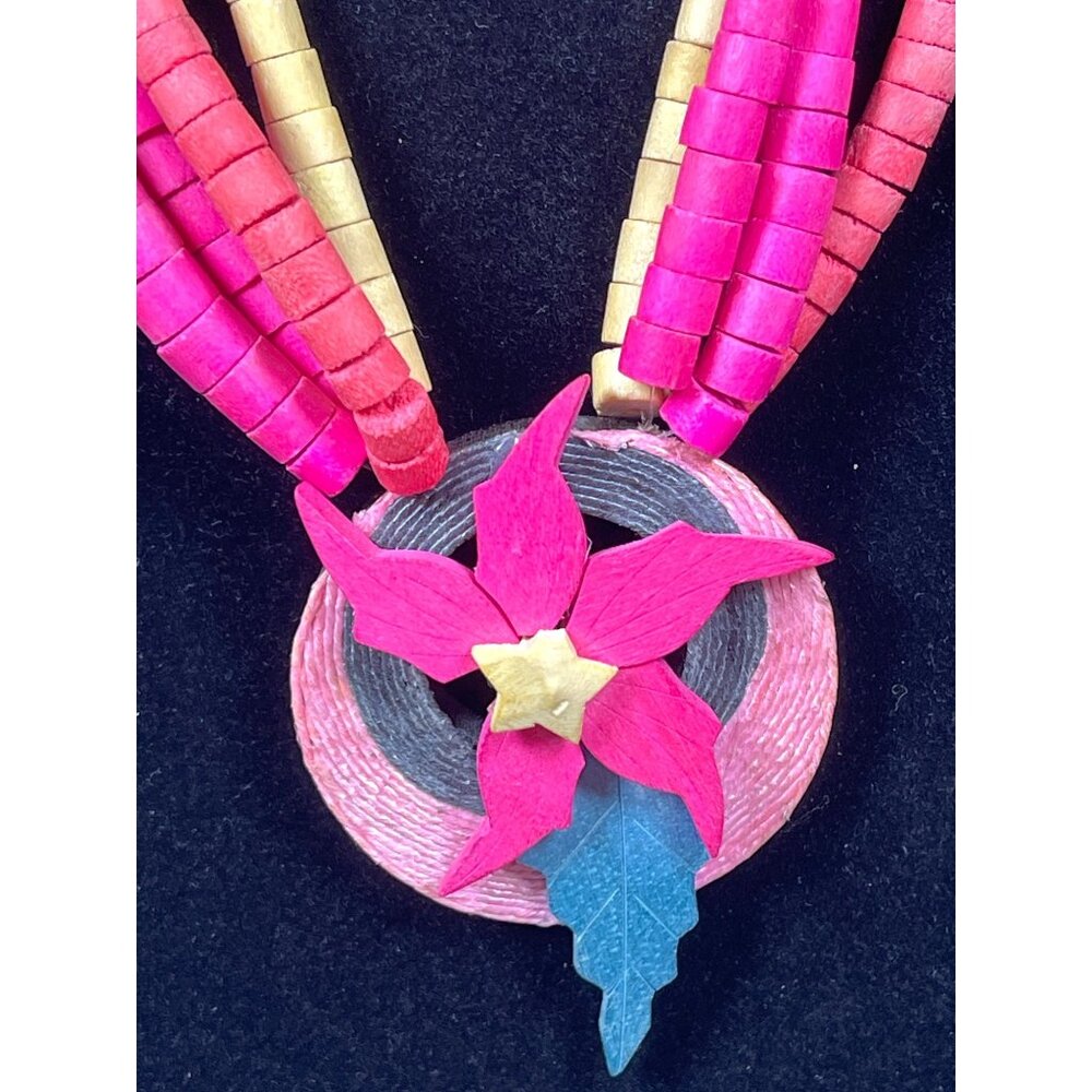 19 Inch Beaded Necklace Tropical Flower Floral Pendant Multi-Strand Pink Vintage - Picture 1 of 8